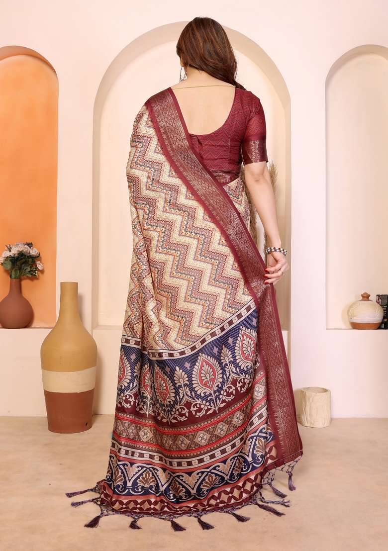 Maroon Printed Silk Saree Set - Indya