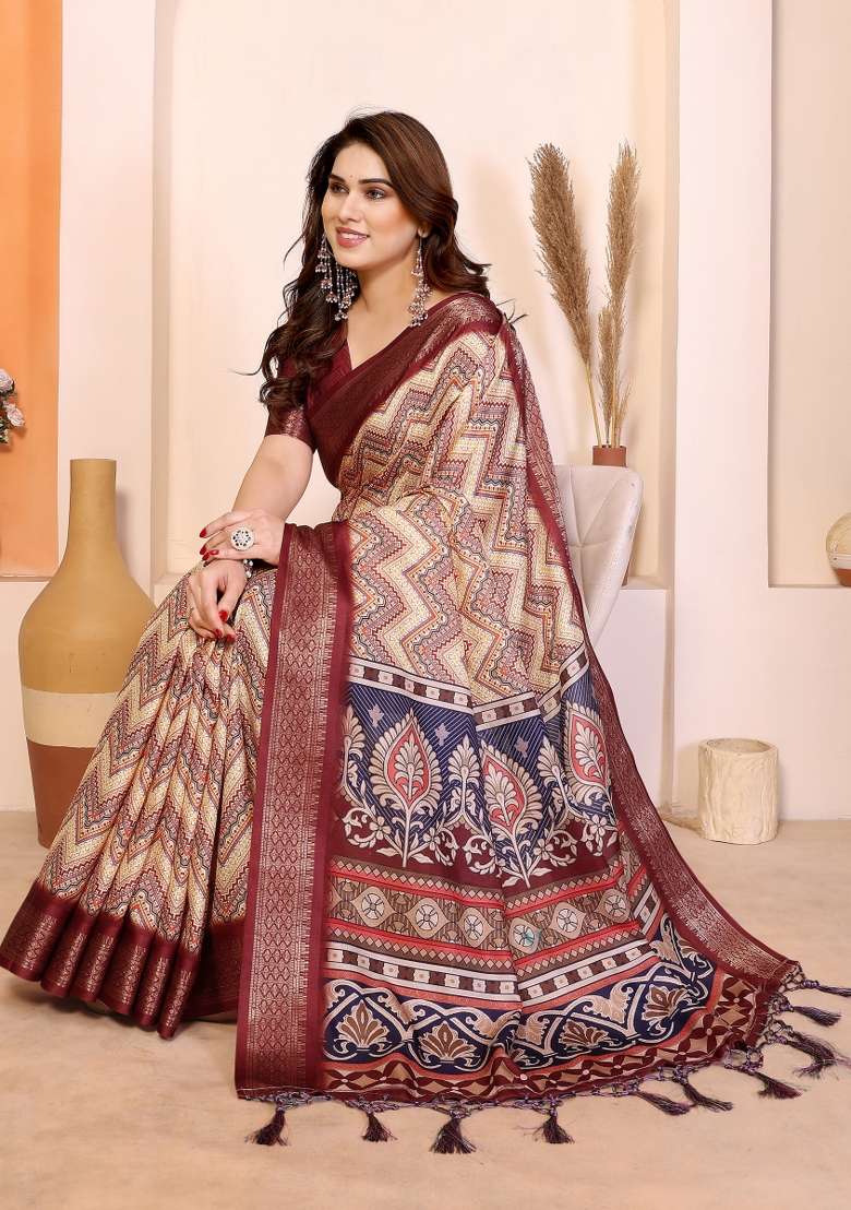 Maroon Printed Silk Saree Set - Indya