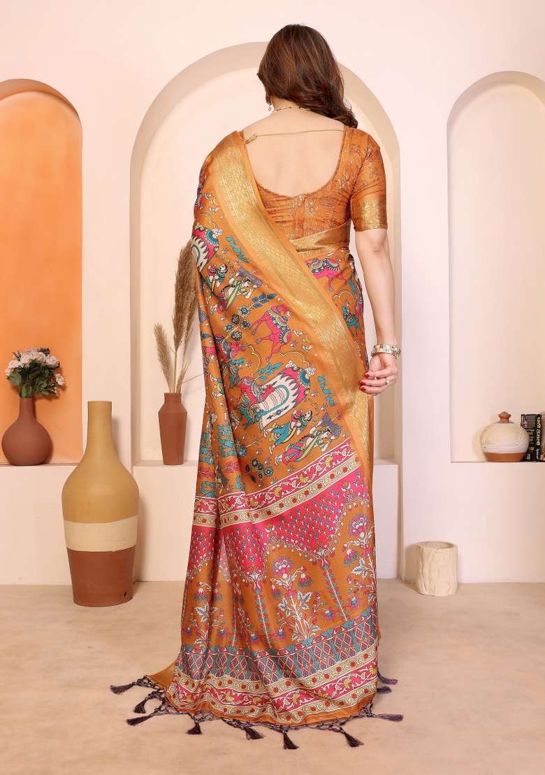 Mustard Yellow Printed Silk Saree Set - Indya