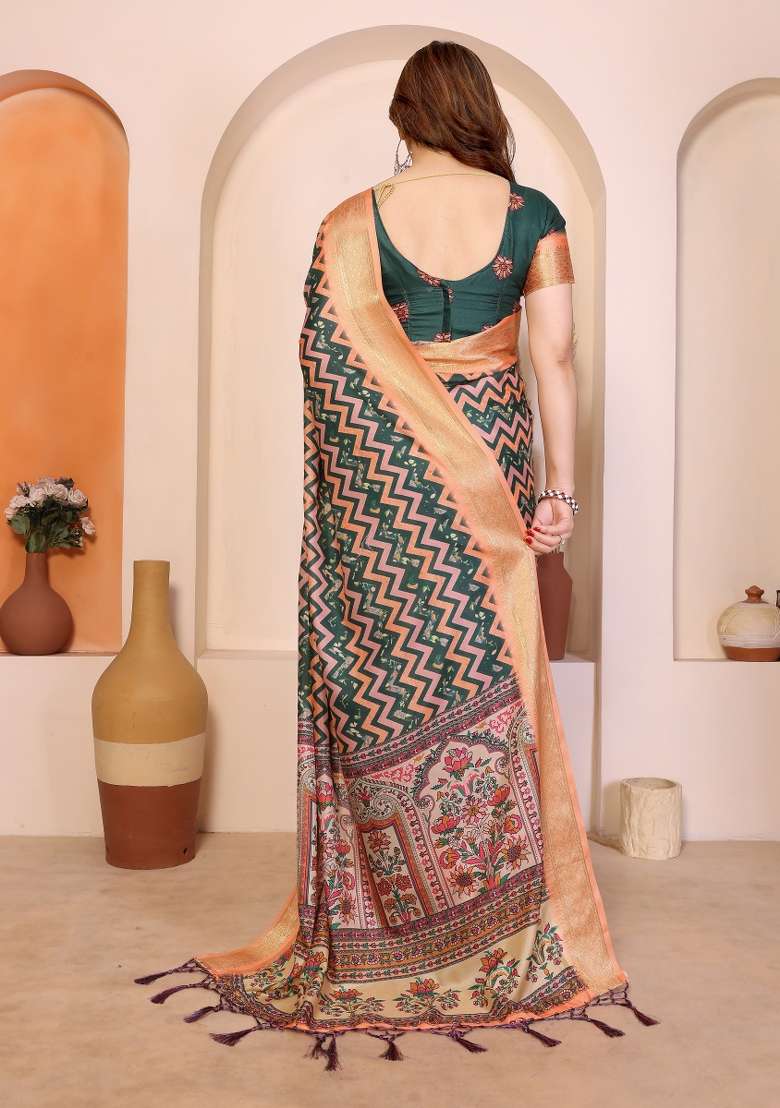 Peach Printed Silk Saree Set - Indya