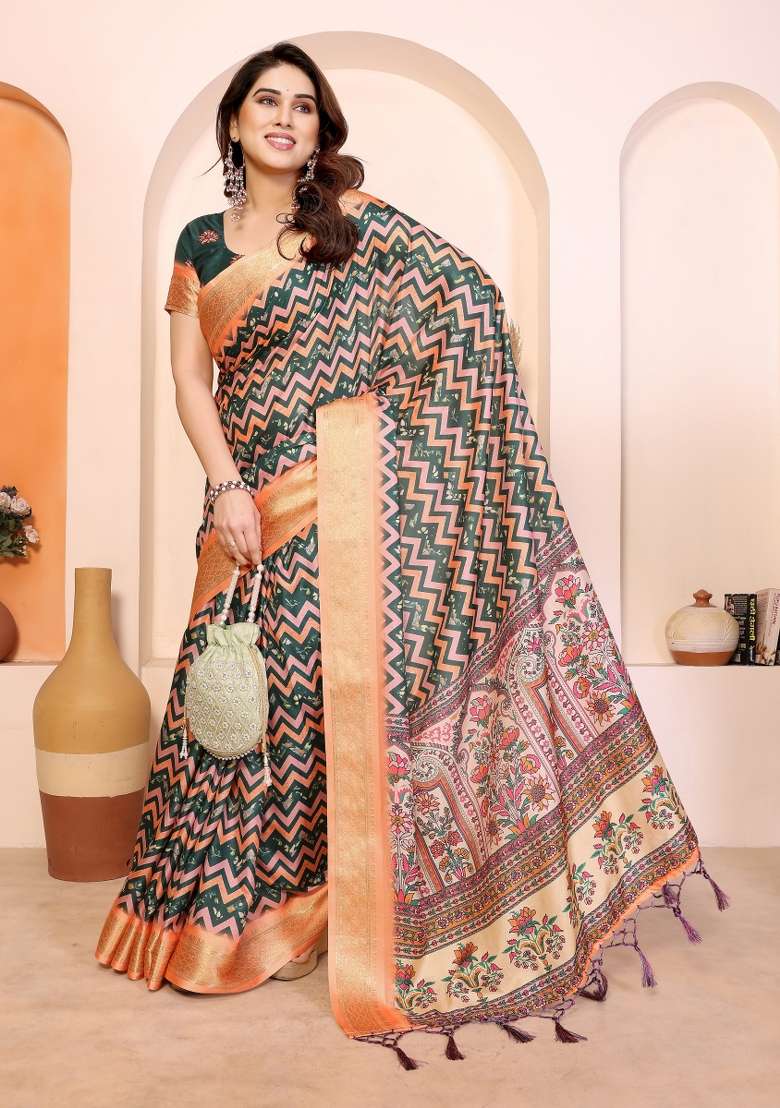 Peach Printed Silk Saree Set - Indya