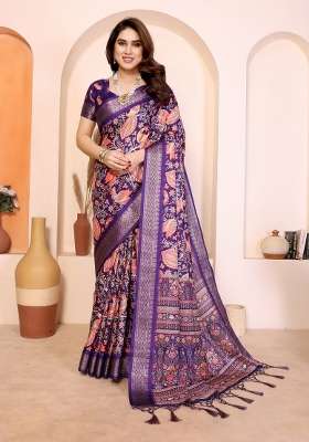 Purple Printed Silk Saree Set