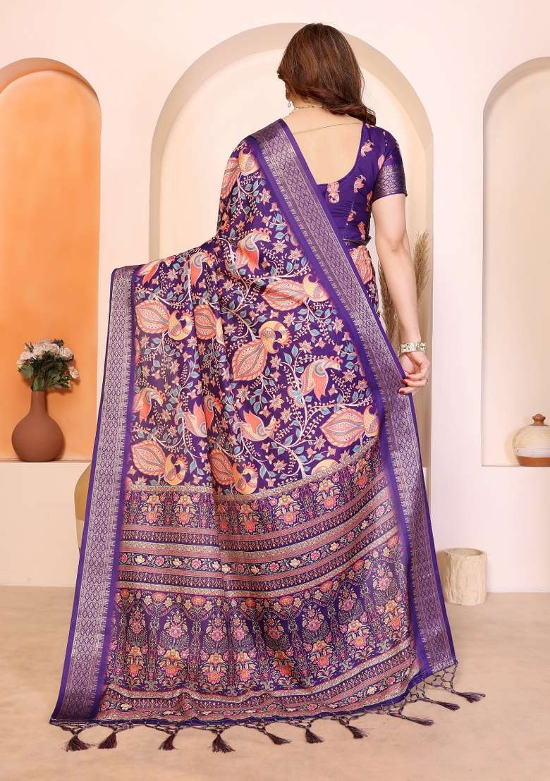 Purple Printed Silk Saree Set - Indya