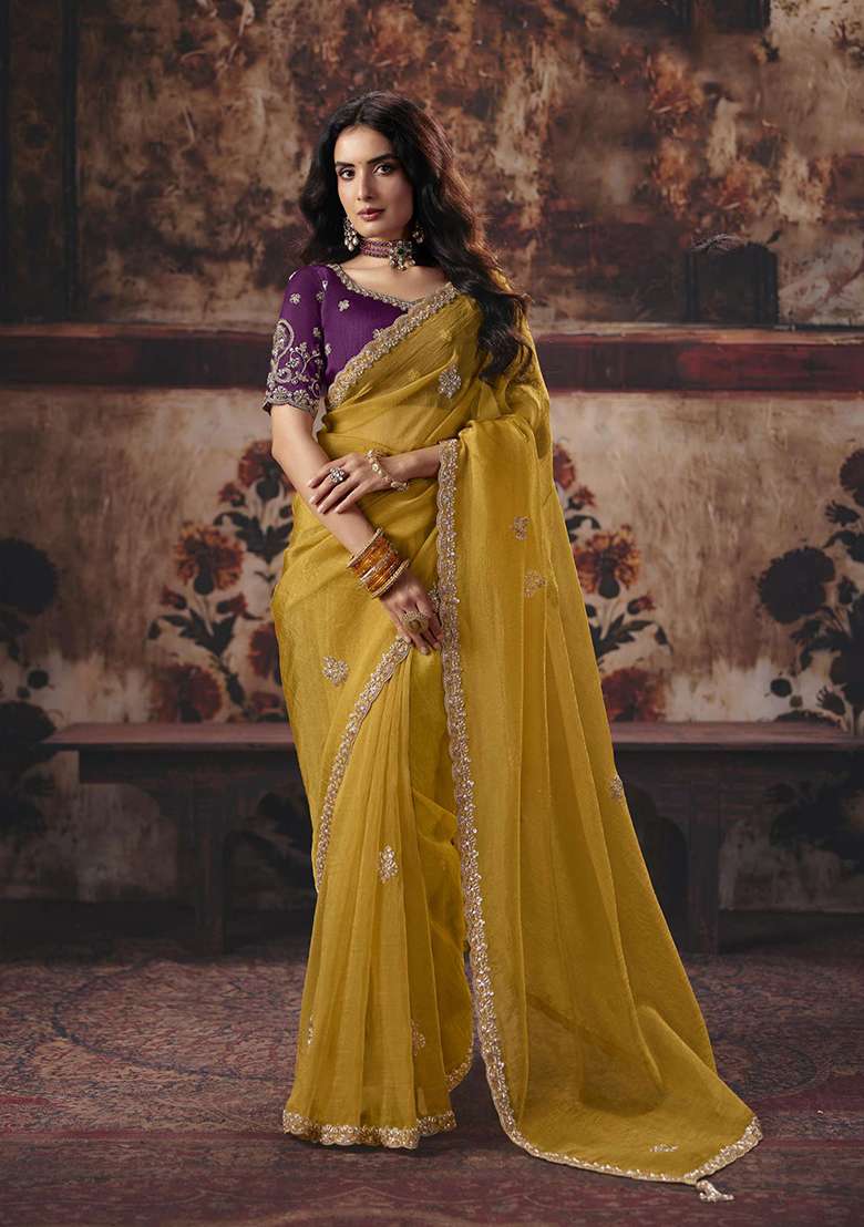 Yellow Sequin Work Organza Saree Set - Indya