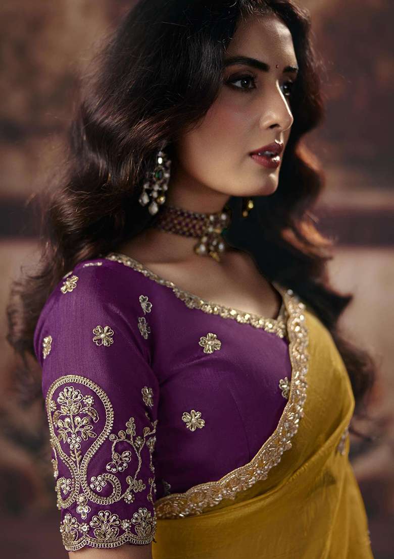 Yellow Sequin Work Organza Saree Set - Indya