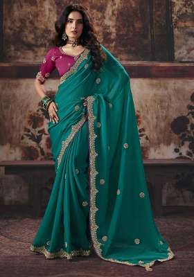 Rama Green Sequin Work Satin Saree Set