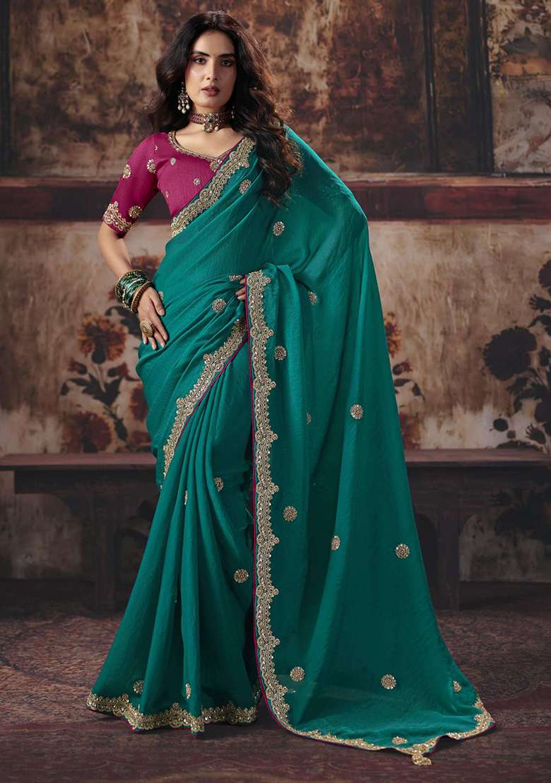 Rama Green Sequin Work Satin Saree Set - Indya