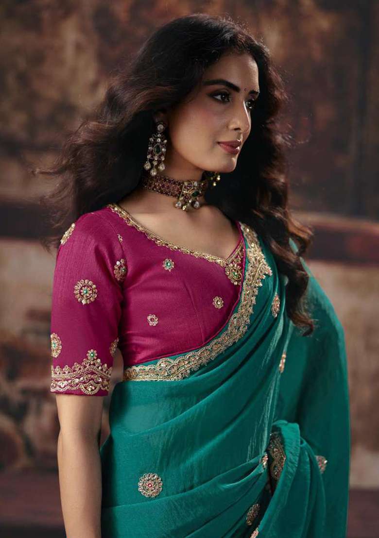 Rama Green Sequin Work Satin Saree Set - Indya