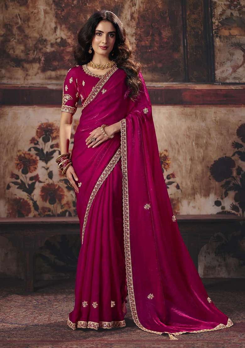 Pink Sequin Work Satin Saree Set - Indya