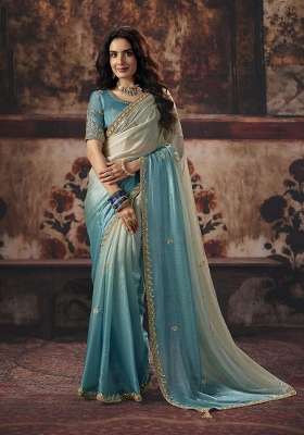 Sky Blue Sequin Work Satin Saree Set