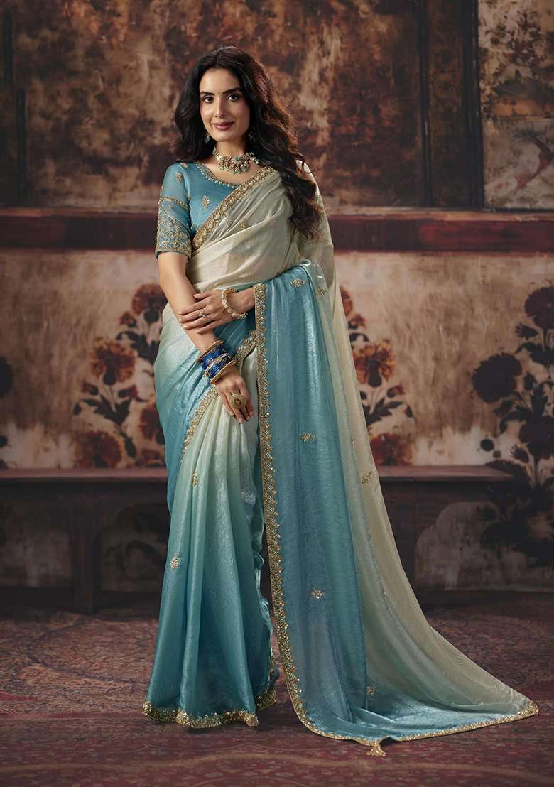 Sky Blue Sequin Work Satin Saree Set - Indya