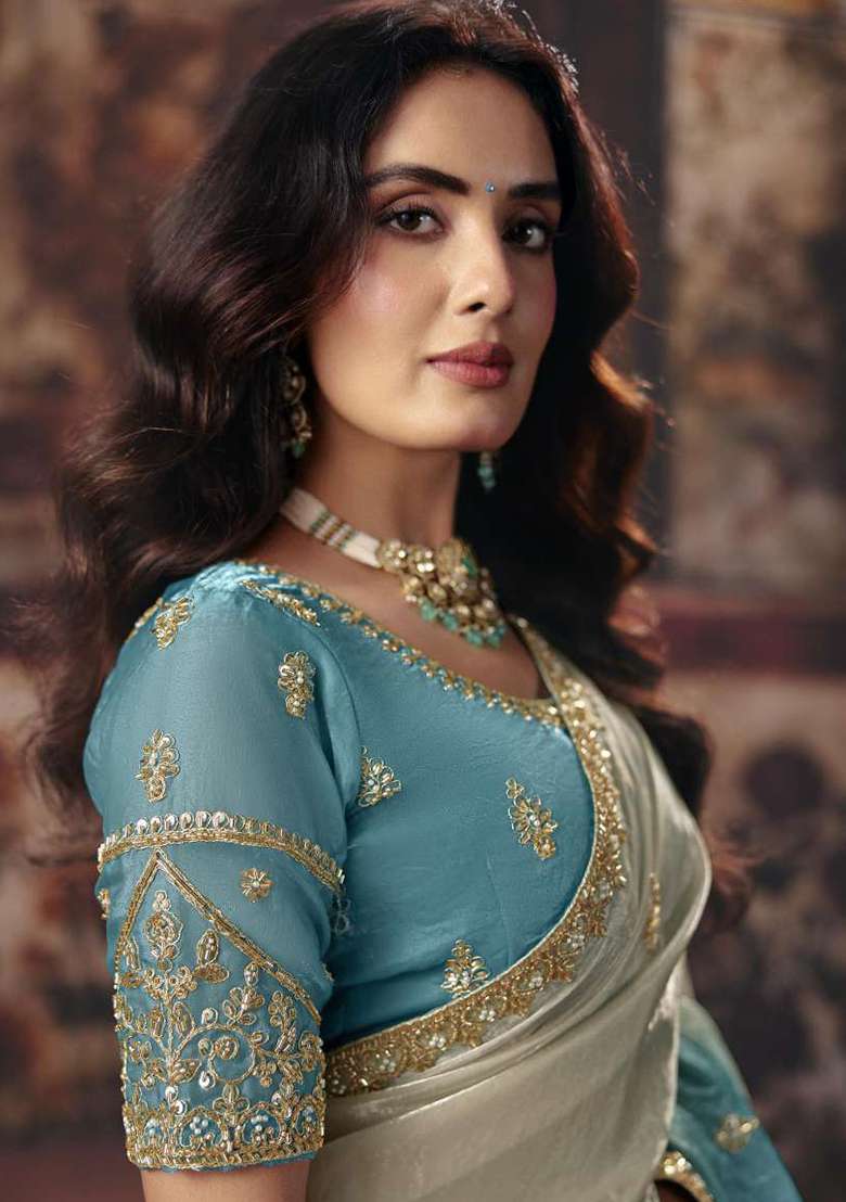 Sky Blue Sequin Work Satin Saree Set - Indya