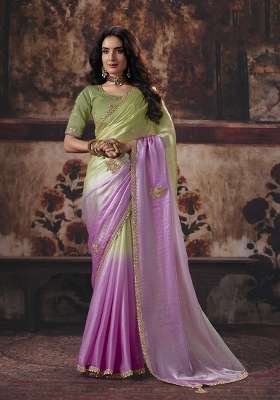 Light Green And Pink Sequin Work Satin Saree Set