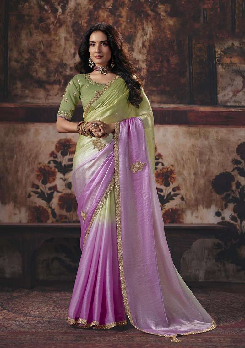 Light Green And Pink Sequin Work Satin Saree Set - Indya