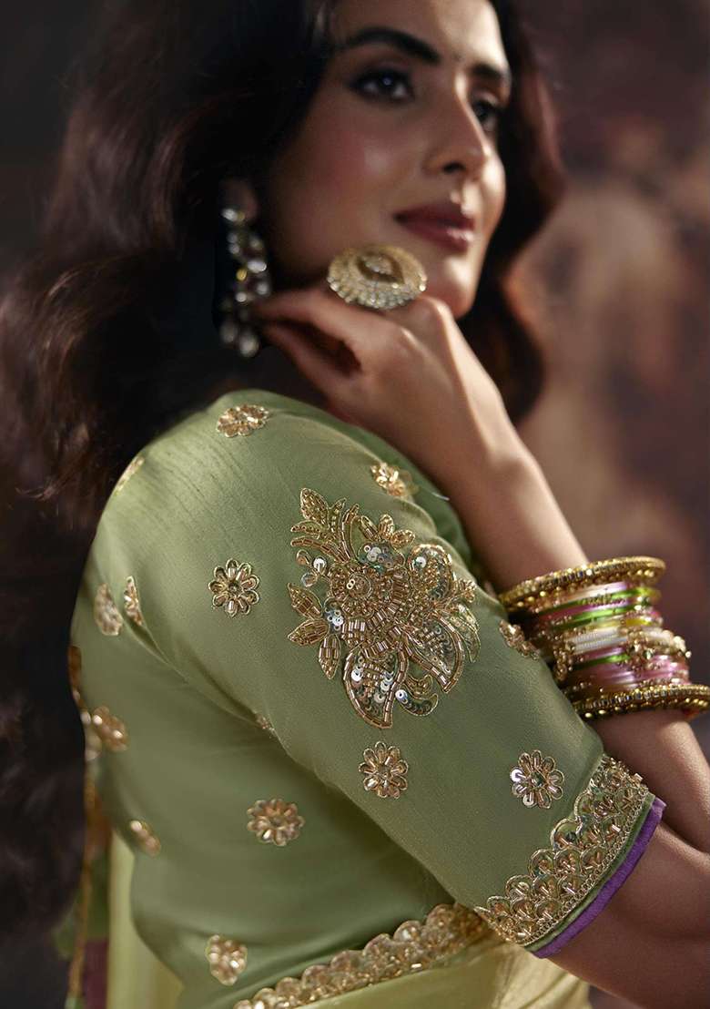 Light Green And Pink Sequin Work Satin Saree Set - Indya