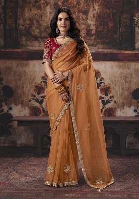 Orange Sequin Work Organza Saree Set