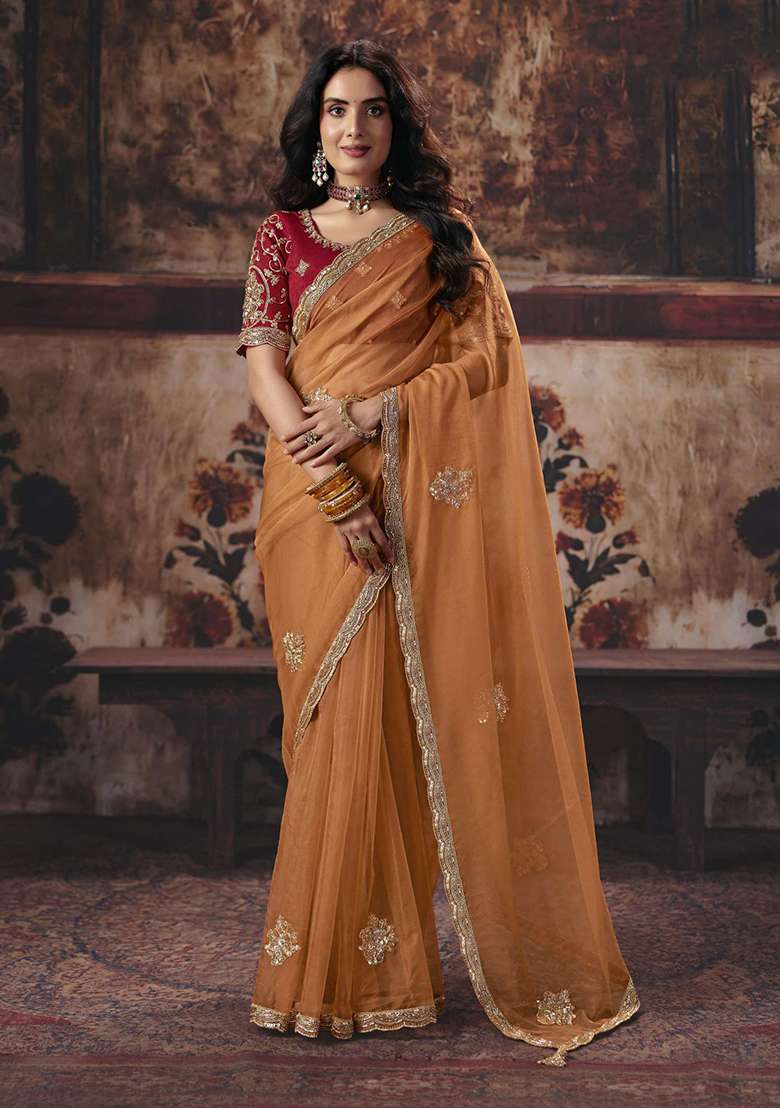 Orange Sequin Work Organza Saree Set - Indya