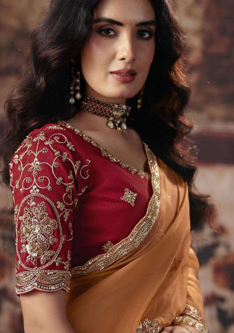 Orange Sequin Work Organza Saree Set - Indya