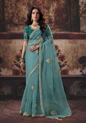 Sky Blue Sequin Work Organza Saree Set