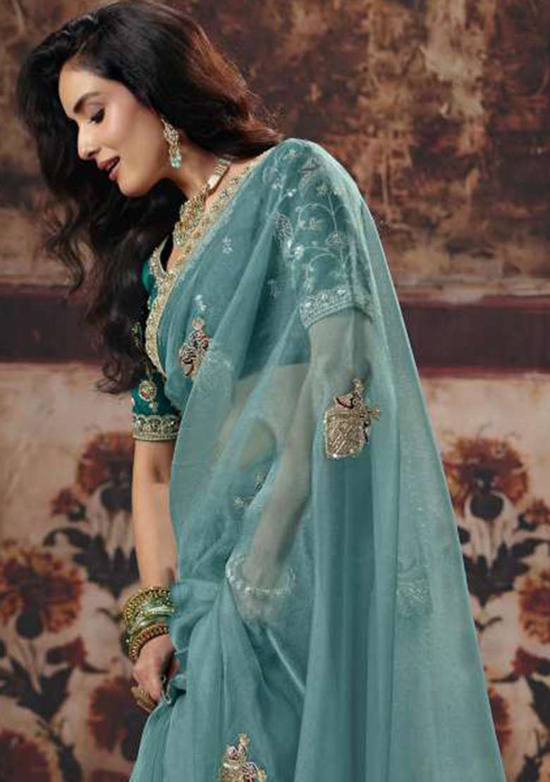 Sky Blue Sequin Work Organza Saree Set - Indya