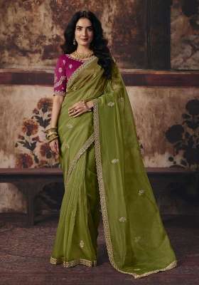 Green Sequin Work Tissue Saree Set