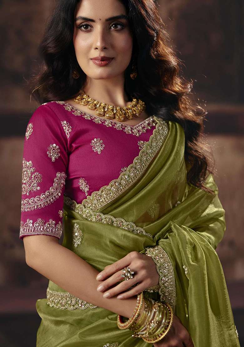 Green Sequin Work Tissue Saree Set - Indya