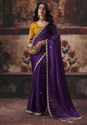 Purple Sequin Work Satin Saree Set