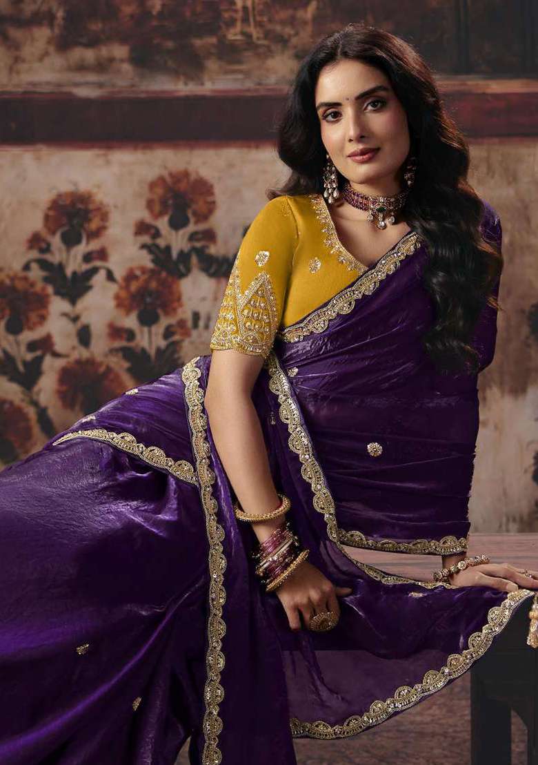 Purple Sequin Work Satin Saree Set - Indya