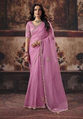 Light Pink Sequin Work Satin Saree Set