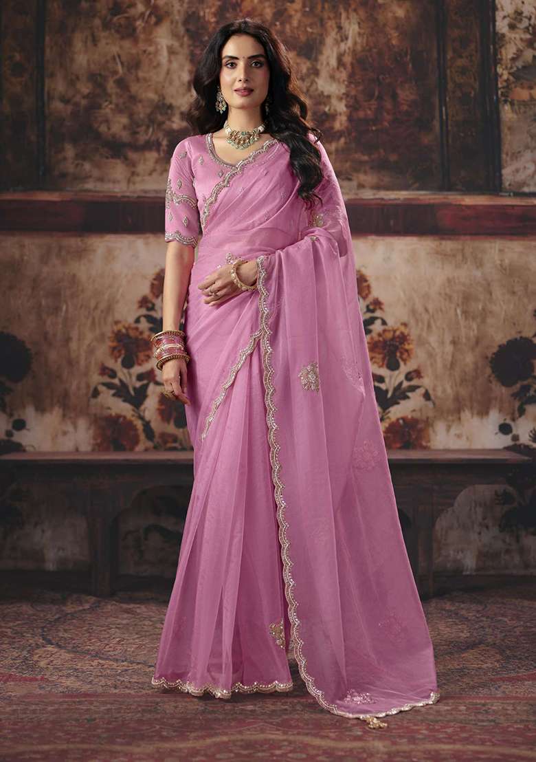 Light Pink Sequin Work Satin Saree Set - Indya