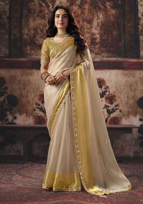 Cream Sequin Work Satin Saree Set