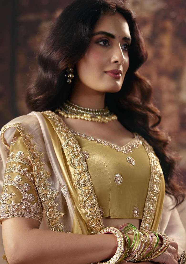 Cream Sequin Work Satin Saree Set - Indya