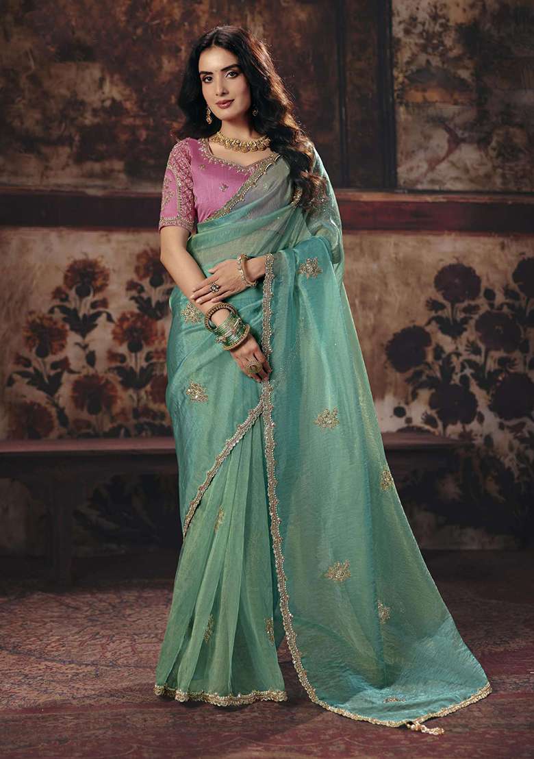 Sea Green Sequin Work Tissue Saree Set - Indya