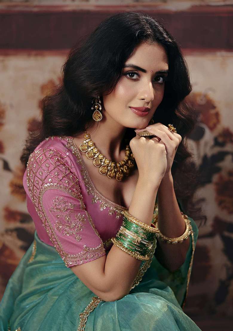 Sea Green Sequin Work Tissue Saree Set - Indya