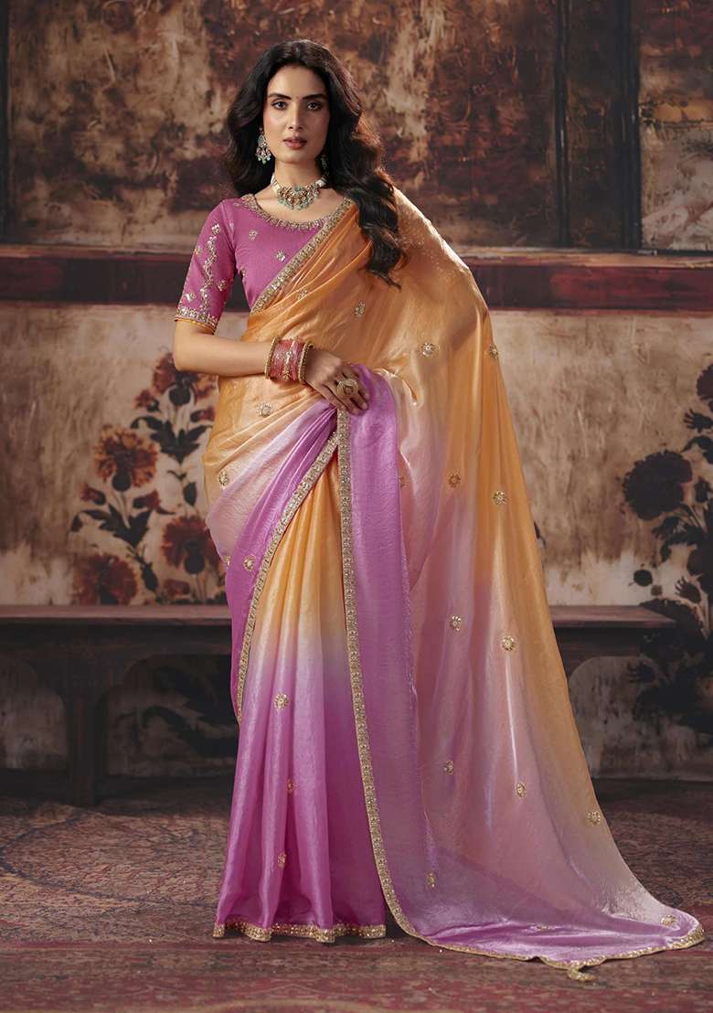 Pink And Orange Sequin Work Satin Saree Set - Indya