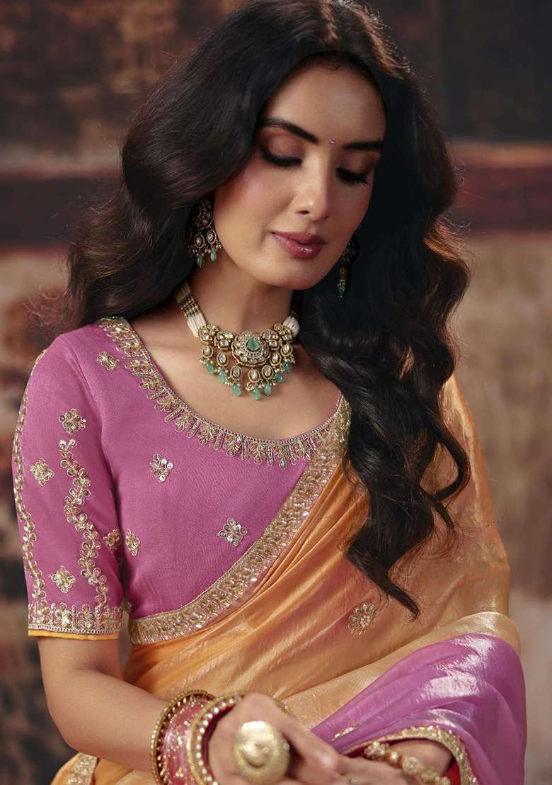Pink And Orange Sequin Work Satin Saree Set - Indya