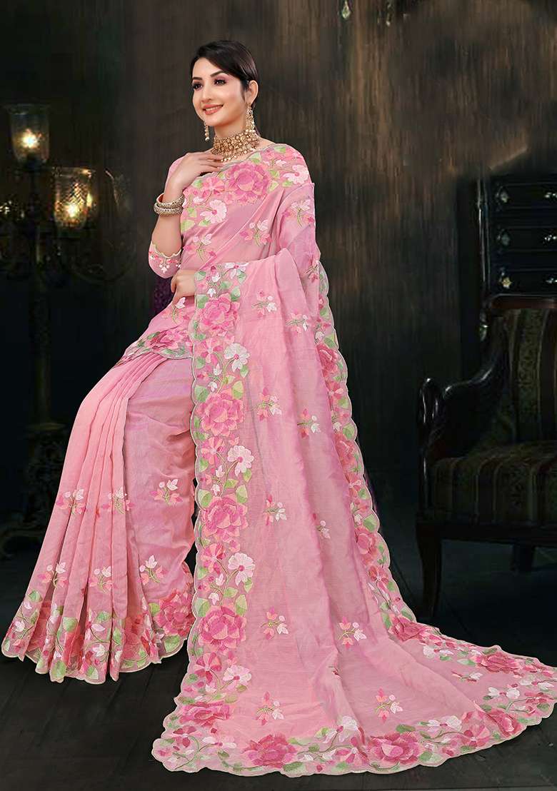 Pink Embroidered Cotton Saree Set - Indya