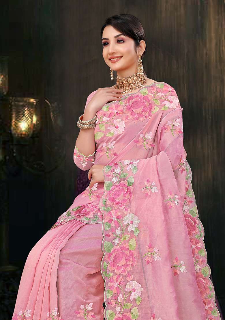 Pink Embroidered Cotton Saree Set - Indya
