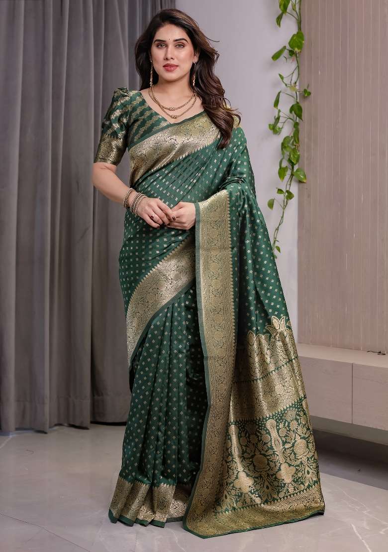 Green Zari Work Silk Saree Set - Indya