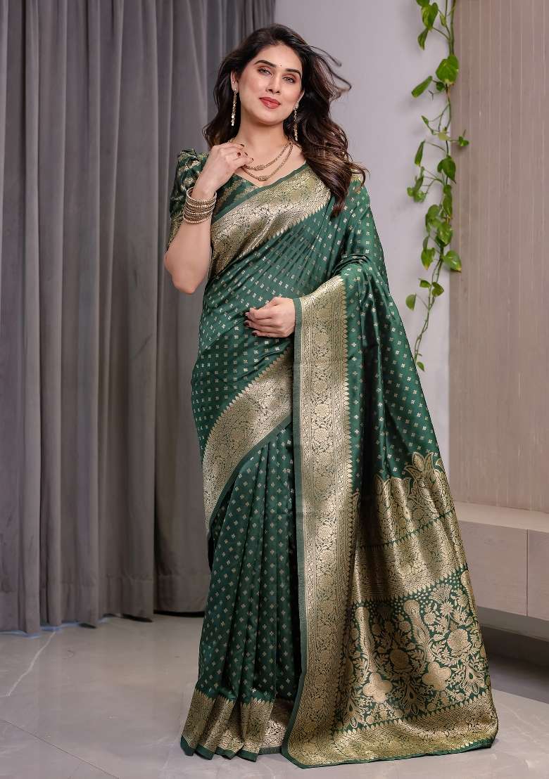 Green Zari Work Silk Saree Set - Indya