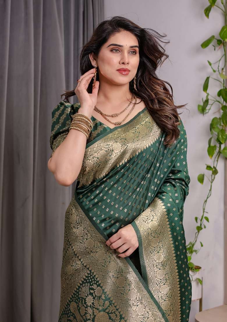 Green Zari Work Silk Saree Set - Indya