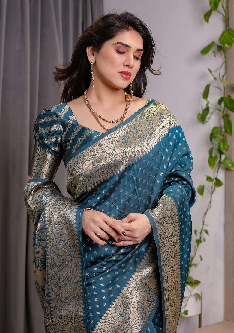 Teal Blue Zari Work Silk Saree Set - Indya