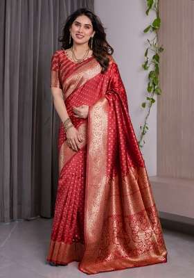Red Zari Work Silk Saree Set