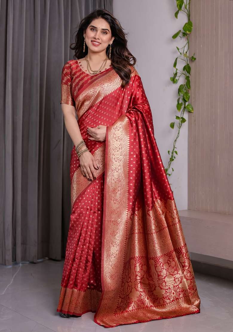 Red Zari Work Silk Saree Set - Indya