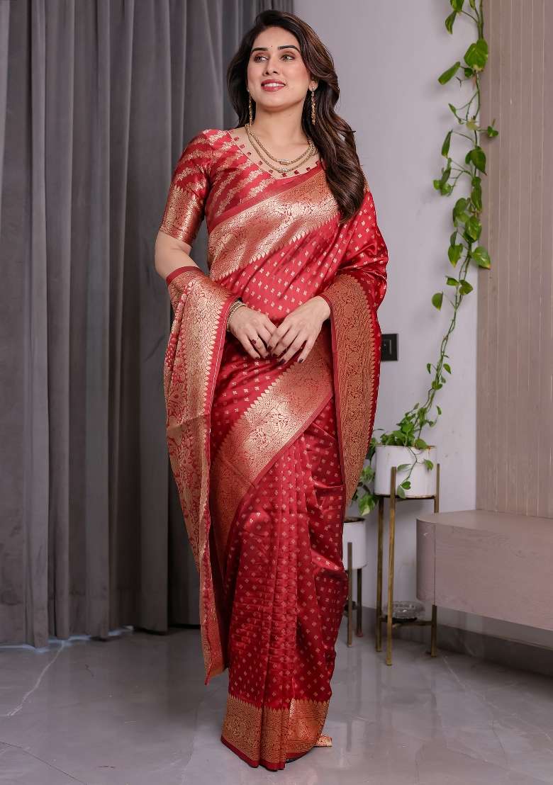 Red Zari Work Silk Saree Set - Indya
