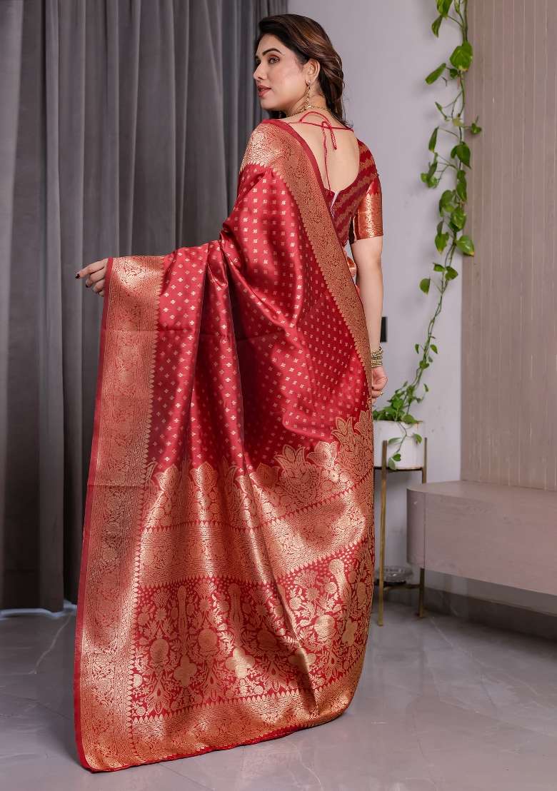 Red Zari Work Silk Saree Set - Indya