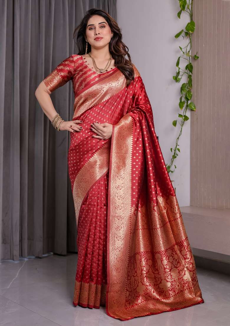 Red Zari Work Silk Saree Set - Indya