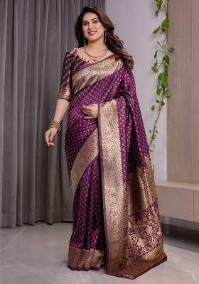 Wine Zari Work Silk Saree Set