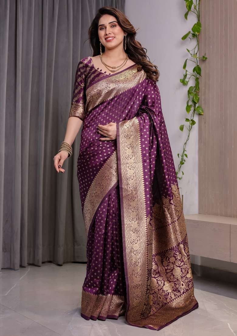 Wine Zari Work Silk Saree Set - Indya