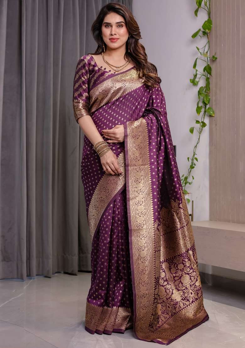 Wine Zari Work Silk Saree Set - Indya